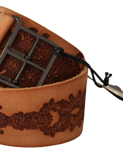 Scervino Street Brown Genuine Leather Black Logo Buckle Belt