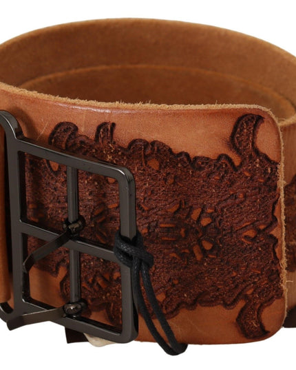 Scervino Street Brown Genuine Leather Black Logo Buckle Belt