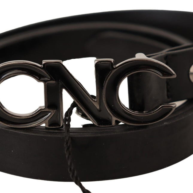 Costume National Black Leather Letter Logo Buckle Belt
