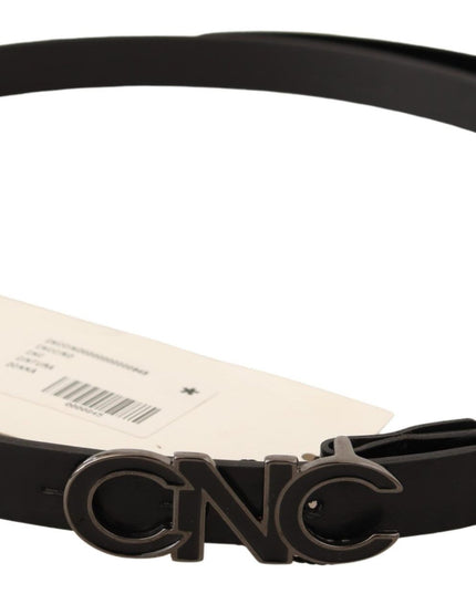 Costume National Black Leather Letter Logo Buckle Belt