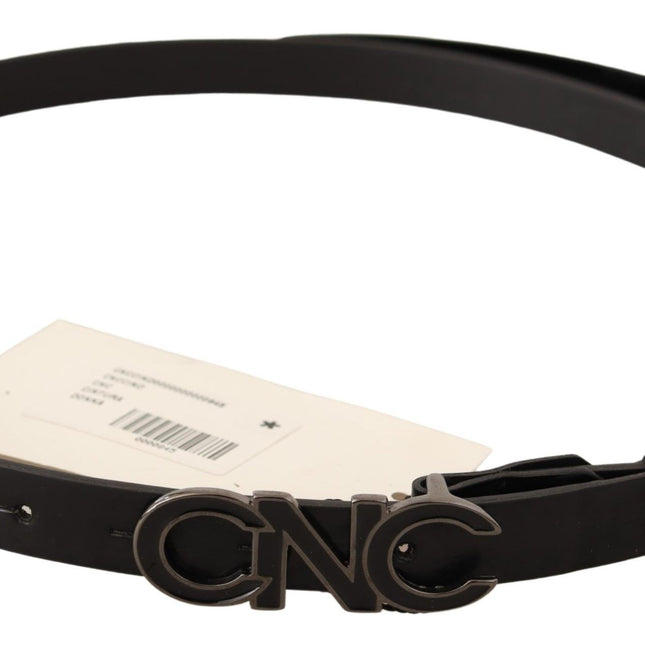 Costume National Black Leather Letter Logo Buckle Belt