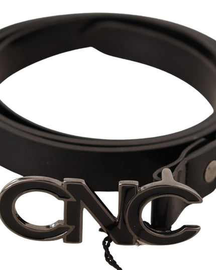 Costume National Black Leather Letter Logo Buckle Belt