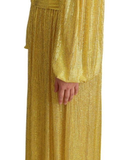 Dolce & Gabbana Yellow Crystal Mesh Pleated Maxi Dress