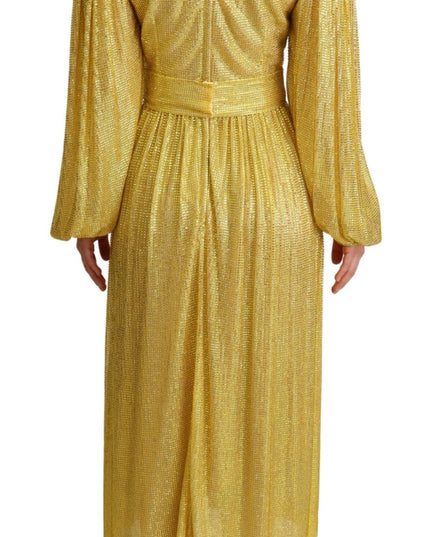 Dolce & Gabbana Yellow Crystal Mesh Pleated Maxi Dress