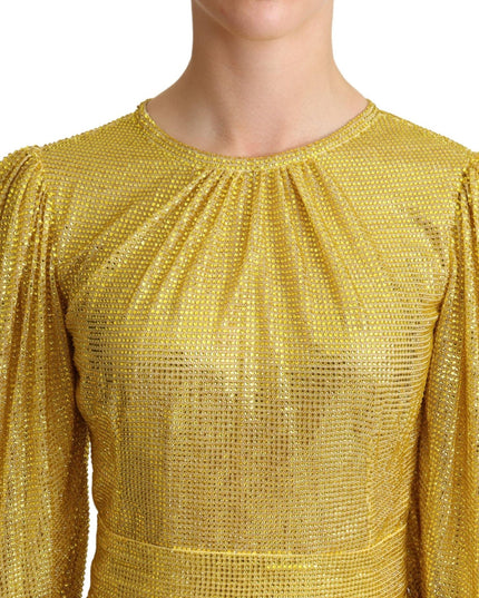 Dolce & Gabbana Yellow Crystal Mesh Pleated Maxi Dress