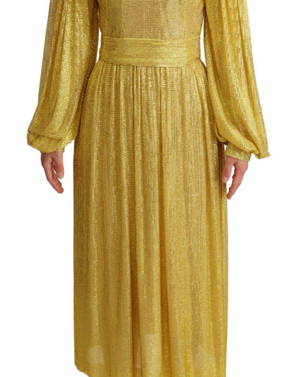 Dolce & Gabbana Yellow Crystal Mesh Pleated Maxi Dress