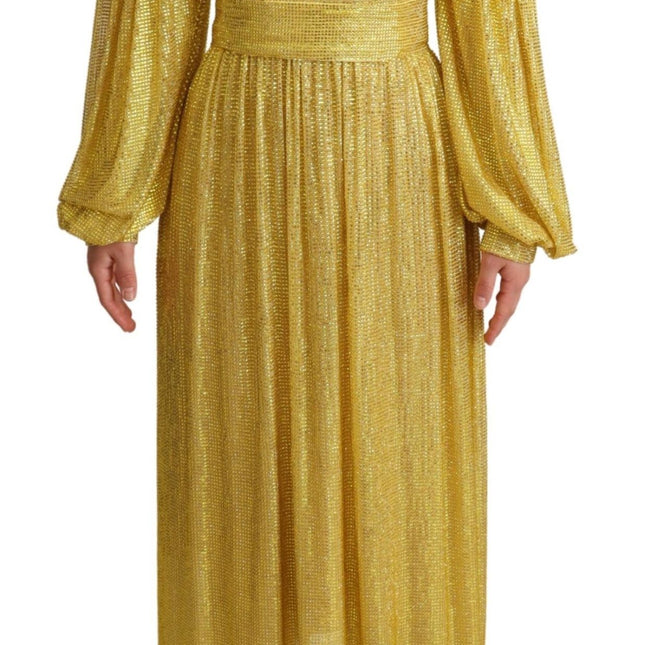 Dolce & Gabbana Yellow Crystal Mesh Pleated Maxi Dress