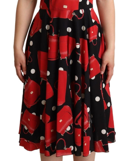 Dolce & Gabbana Black Red Bag Print A-line Mid Length Dress