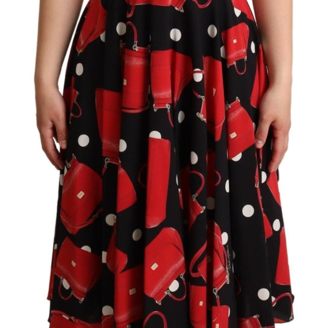 Dolce & Gabbana Black Red Bag Print A-line Mid Length Dress