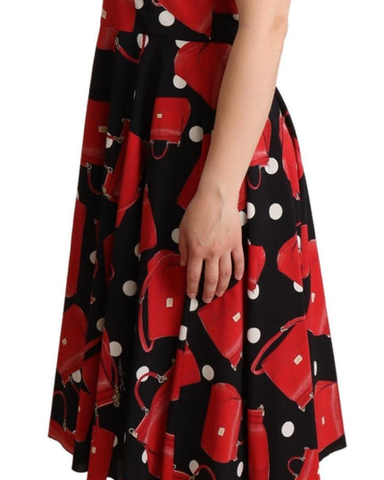Dolce & Gabbana Black Red Bag Print A-line Mid Length Dress