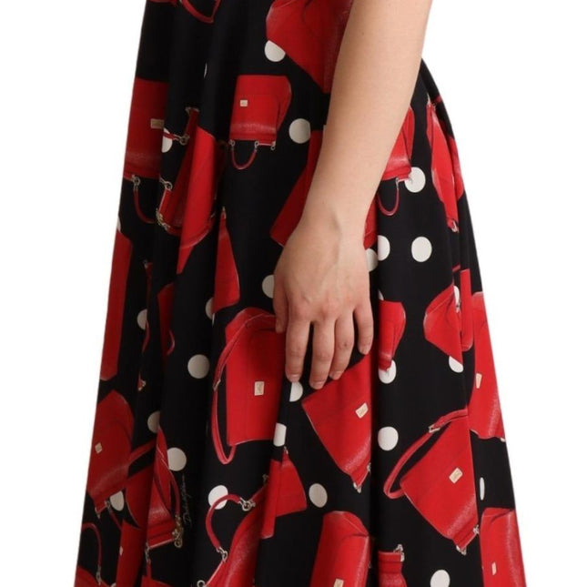 Dolce & Gabbana Black Red Bag Print A-line Mid Length Dress