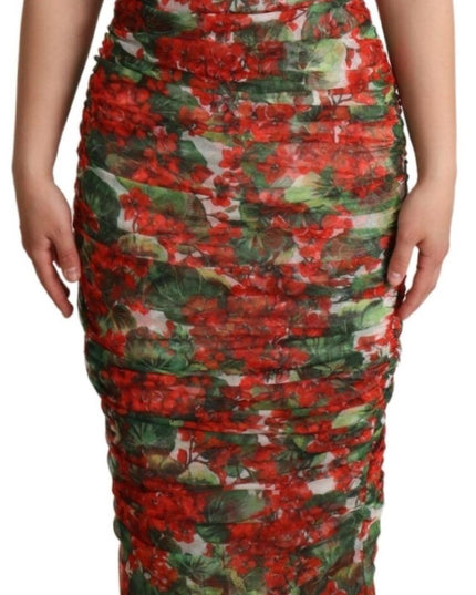 Dolce & Gabbana Red Floral Print Tulle Sheath Midi Dress