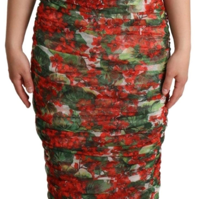 Dolce & Gabbana Red Floral Print Tulle Sheath Midi Dress