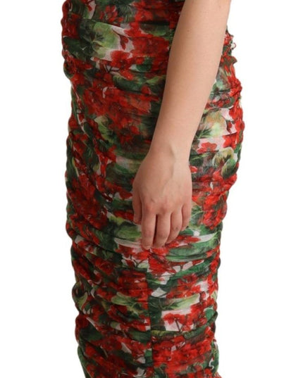 Dolce & Gabbana Red Floral Print Tulle Sheath Midi Dress