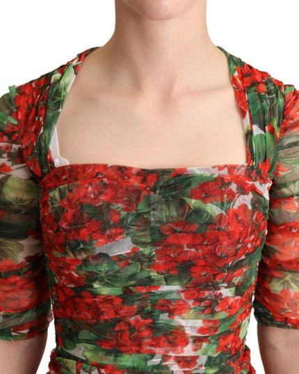 Dolce & Gabbana Red Floral Print Tulle Sheath Midi Dress