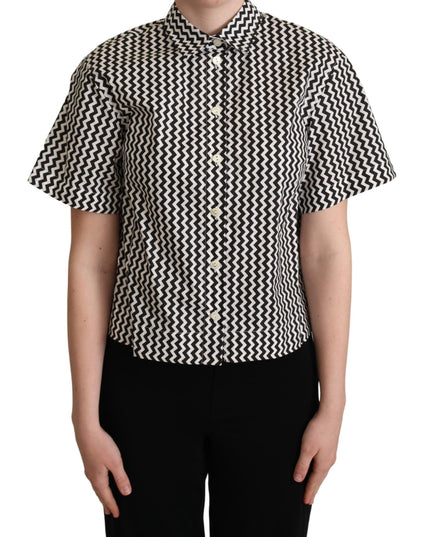Dolce & Gabbana Black White Zigzag Collar Cotton Top Shirt