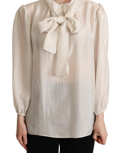 Dolce & Gabbana Light Gray Ascot Collar Shirt Silk Blouse Top