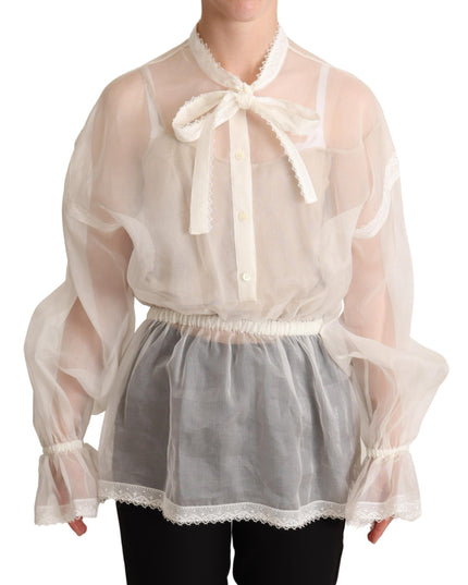 Dolce & Gabbana White Ascot Collar Long Sleeves Blouse Top