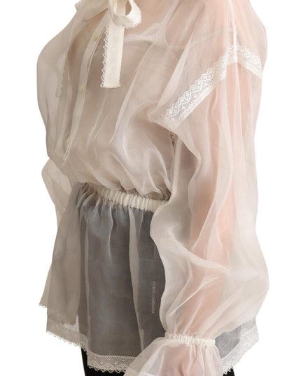 Dolce & Gabbana White Ascot Collar Long Sleeves Blouse Top