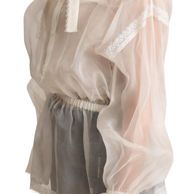Dolce & Gabbana White Ascot Collar Long Sleeves Blouse Top