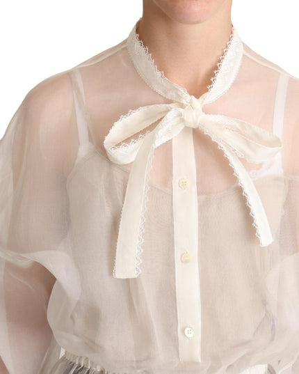 Dolce & Gabbana White Ascot Collar Long Sleeves Blouse Top