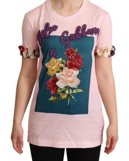 Dolce & Gabbana Pink Cotton Floral Roses Crewneck T-shirt