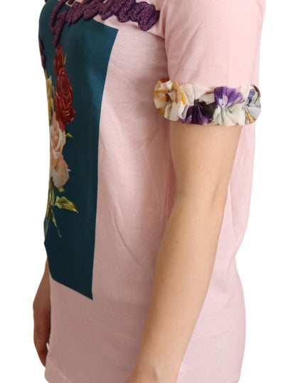Dolce & Gabbana Pink Cotton Floral Roses Crewneck T-shirt