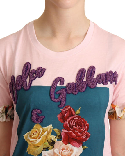 Dolce & Gabbana Pink Cotton Floral Roses Crewneck T-shirt