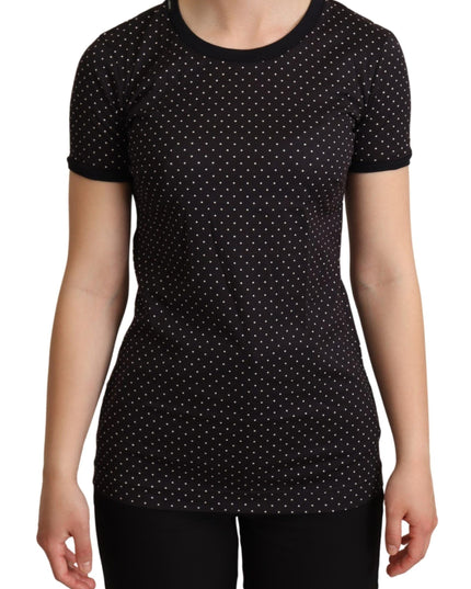 Dolce & Gabbana Black Dotted Crewneck  Cotton T-shirt