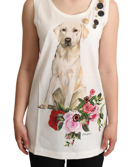 Dolce & Gabbana White Dog Floral Print Embellished  T-shirt