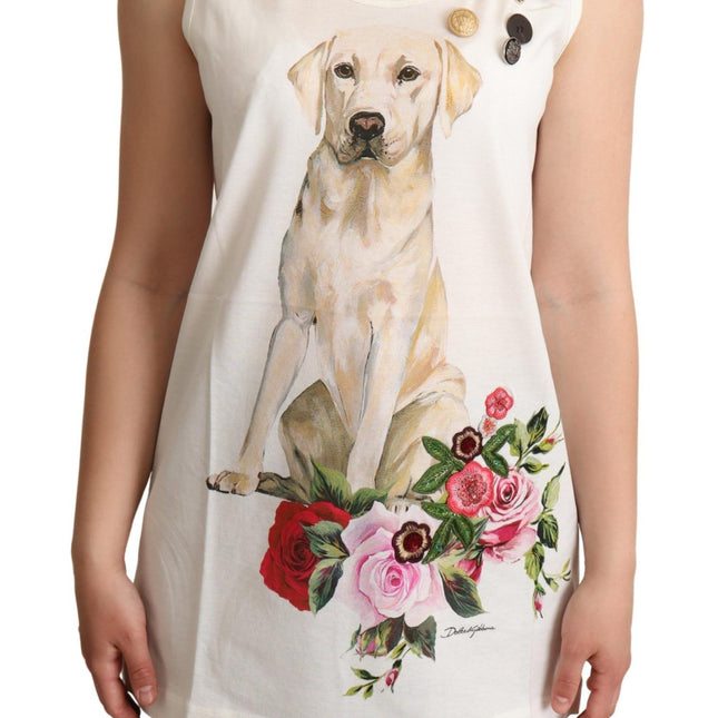 Dolce & Gabbana White Dog Floral Print Embellished  T-shirt