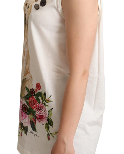 Dolce & Gabbana White Dog Floral Print Embellished  T-shirt