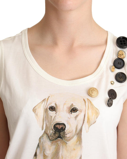 Dolce & Gabbana White Dog Floral Print Embellished  T-shirt