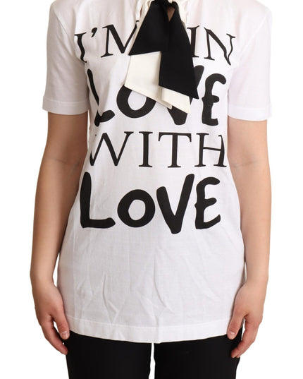 Dolce & Gabbana White Cotton Silk Blend Ascot Collar T-shirt