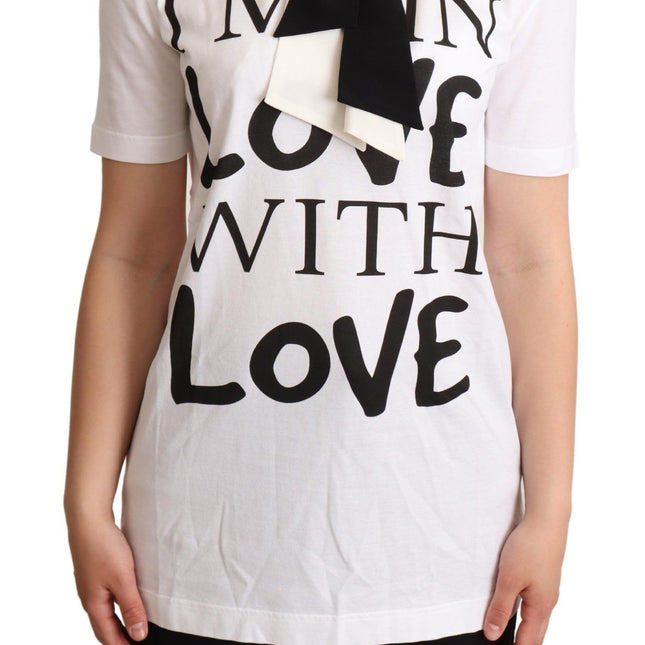 Dolce & Gabbana White Cotton Silk Blend Ascot Collar T-shirt