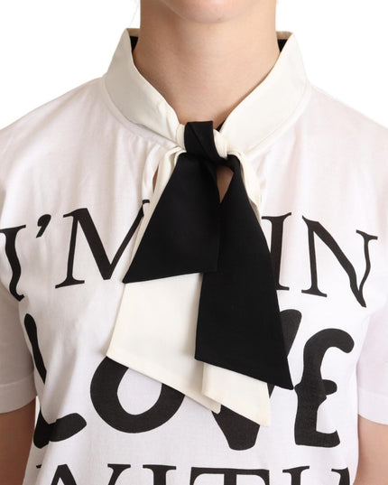 Dolce & Gabbana White Cotton Silk Blend Ascot Collar T-shirt
