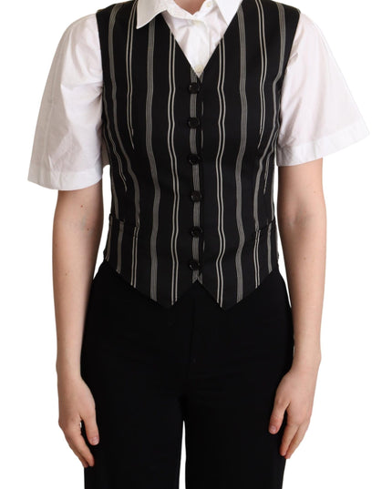Dolce & Gabbana Black Striped Leopard Print Waistcoat Vest