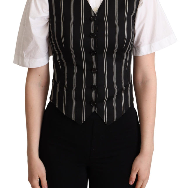 Dolce & Gabbana Black Striped Leopard Print Waistcoat Vest