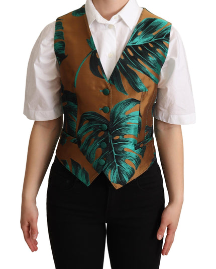 Dolce & Gabbana Green Jacquard Leaf Gold Waistcoat Vest