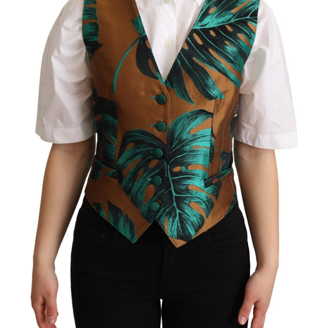 Dolce & Gabbana Green Jacquard Leaf Gold Waistcoat Vest