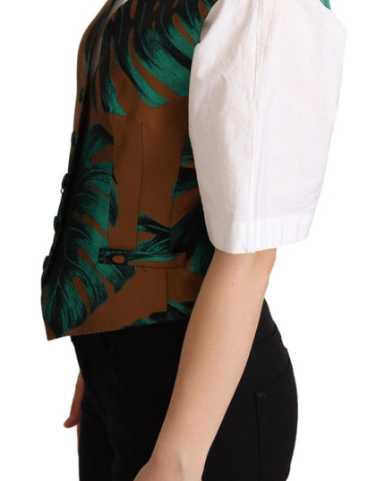 Dolce & Gabbana Green Jacquard Leaf Gold Waistcoat Vest