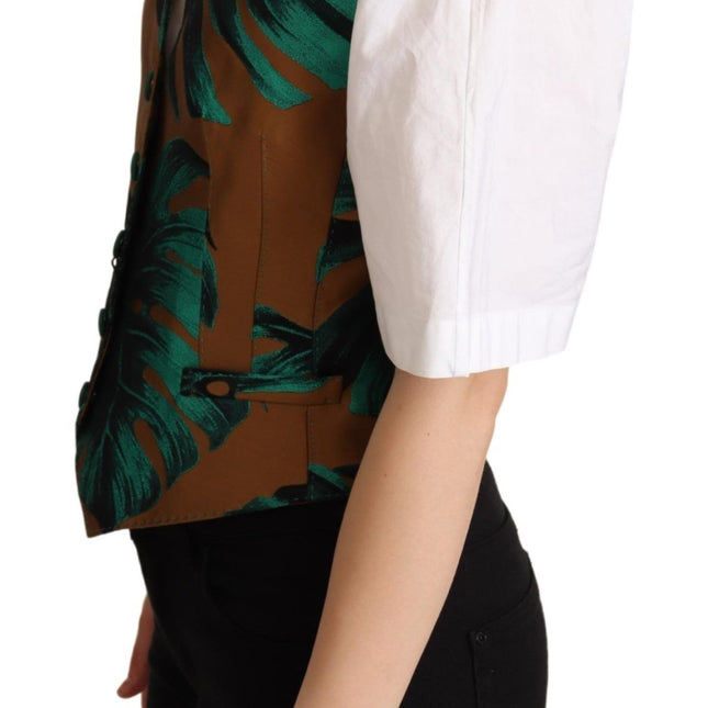 Dolce & Gabbana Green Jacquard Leaf Gold Waistcoat Vest