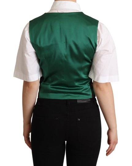 Dolce & Gabbana Green Jacquard Leaf Gold Waistcoat Vest