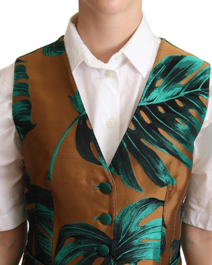 Dolce & Gabbana Green Jacquard Leaf Gold Waistcoat Vest