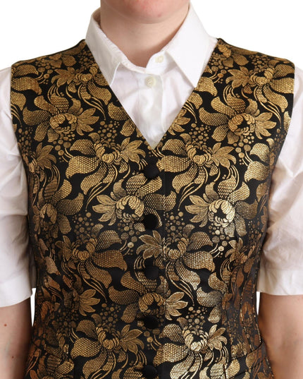 Dolce & Gabbana Black Gold Jacquard Silk Waistcoat Vest