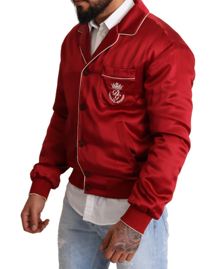 Dolce & Gabbana Red Silk Button DG Logo Bomber Jacket