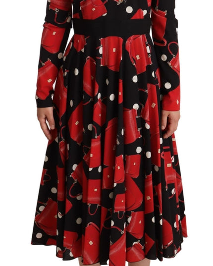 Dolce & Gabbana Black Sicily Bag Print Flared Midi Dress