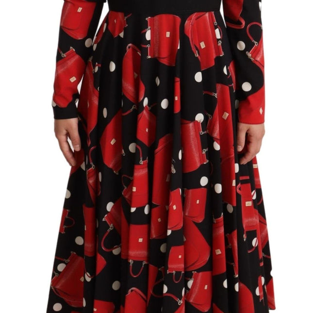 Dolce & Gabbana Black Sicily Bag Print Flared Midi Dress