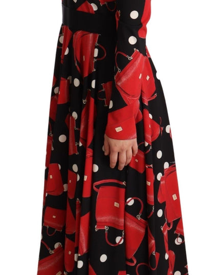 Dolce & Gabbana Black Sicily Bag Print Flared Midi Dress