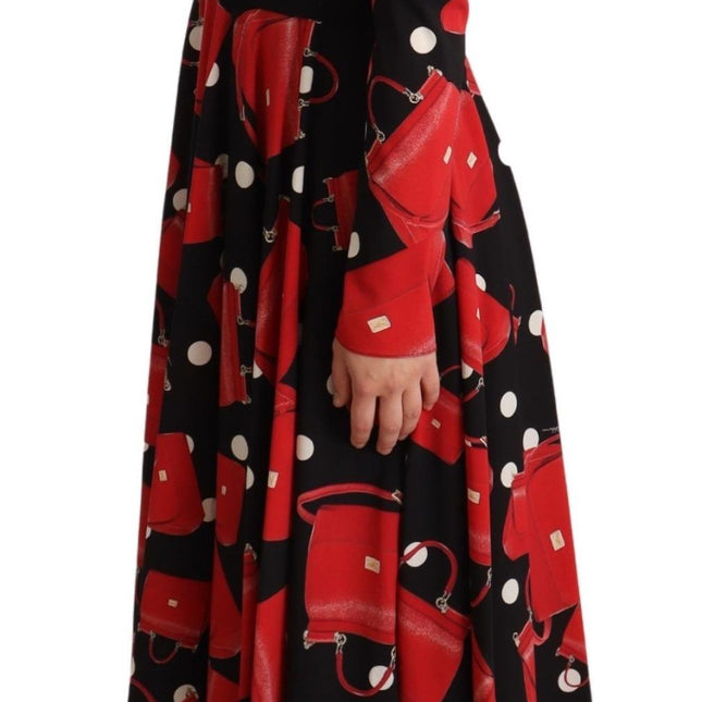 Dolce & Gabbana Black Sicily Bag Print Flared Midi Dress